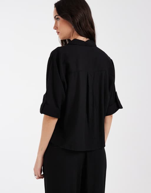 AWARE - Safari overhemd van linnenmix met mouwen in zwart, deel van co-ord set, 2 van 4