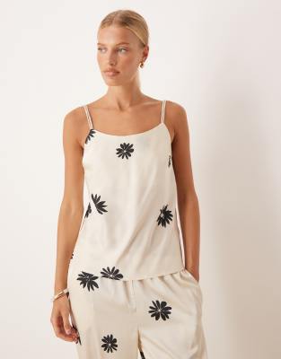 AWARE AWARE satin cami top co-ord in mono floral print-Black