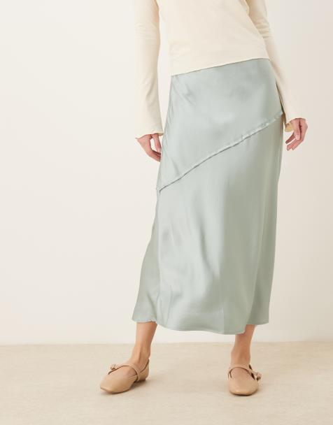 AWARE satin maxi skirt with drop waist in pale blue