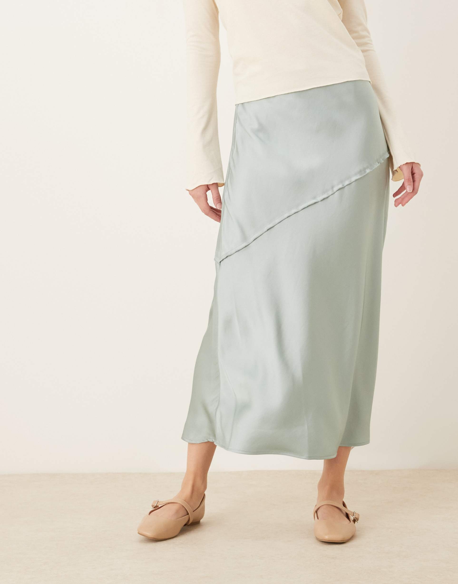 aware satin maxi skirt with dropped waist in pale blue