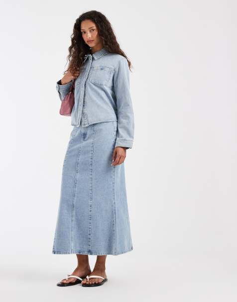 AWARE seam front ankle length skirt in light blue denim - view 1