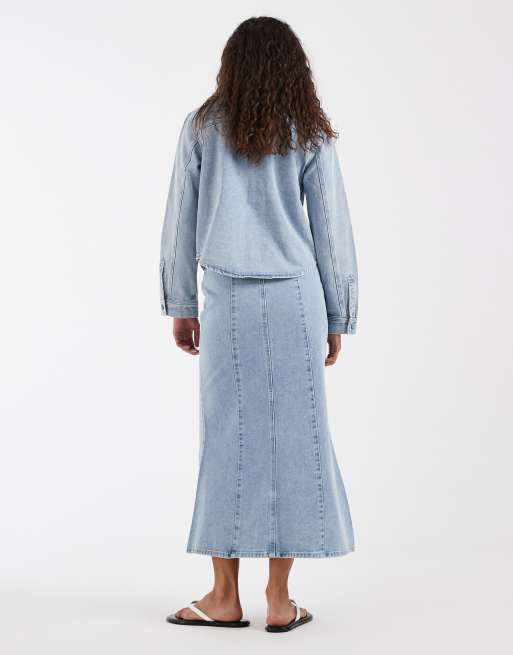 AWARE seam front ankle length skirt in light blue denim, 5 of 5