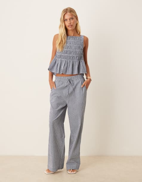 AWARE searsucker peplum top and trouser co-ord in blue gingham check - view 1