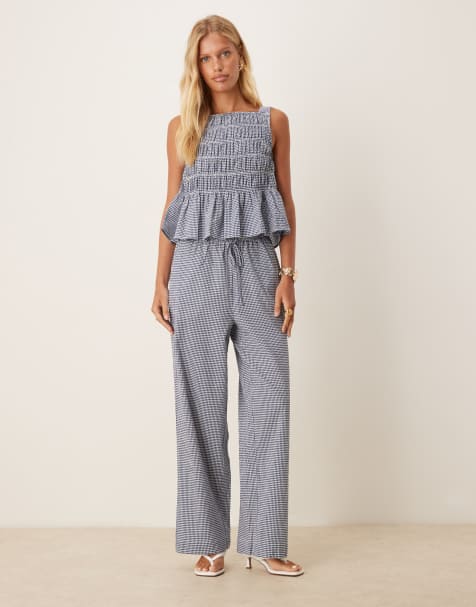 AWARE seersucker relaxed trouser co-ord in blue check - view 1