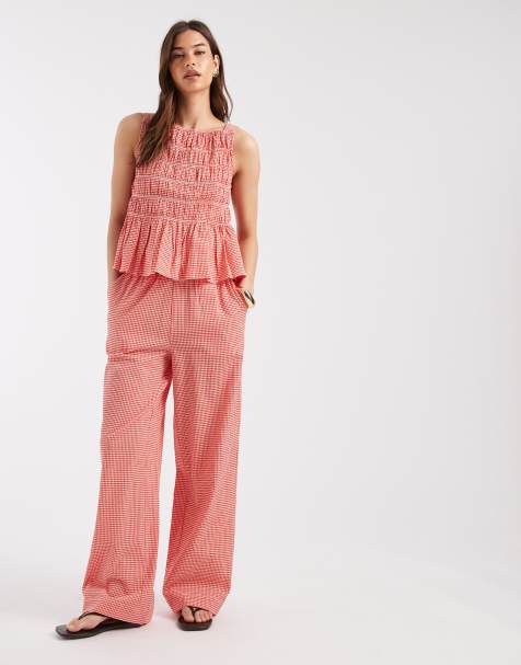 AWARE seersucker relaxed trouser co-ord in red and white check - view 1