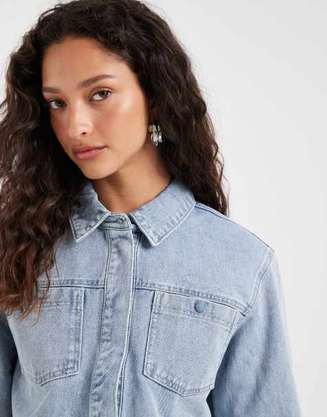 AWARE - Set van denim overshirt met knoopsluiting en zakken en maxi-rok in lichtblauw denim - view 1