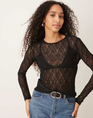 Aware Sheer Stretchy Lace Long Sleeve Top In Black