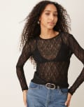 [AWARE] AWARE sheer stretchy lace long sleeve top in black S Black