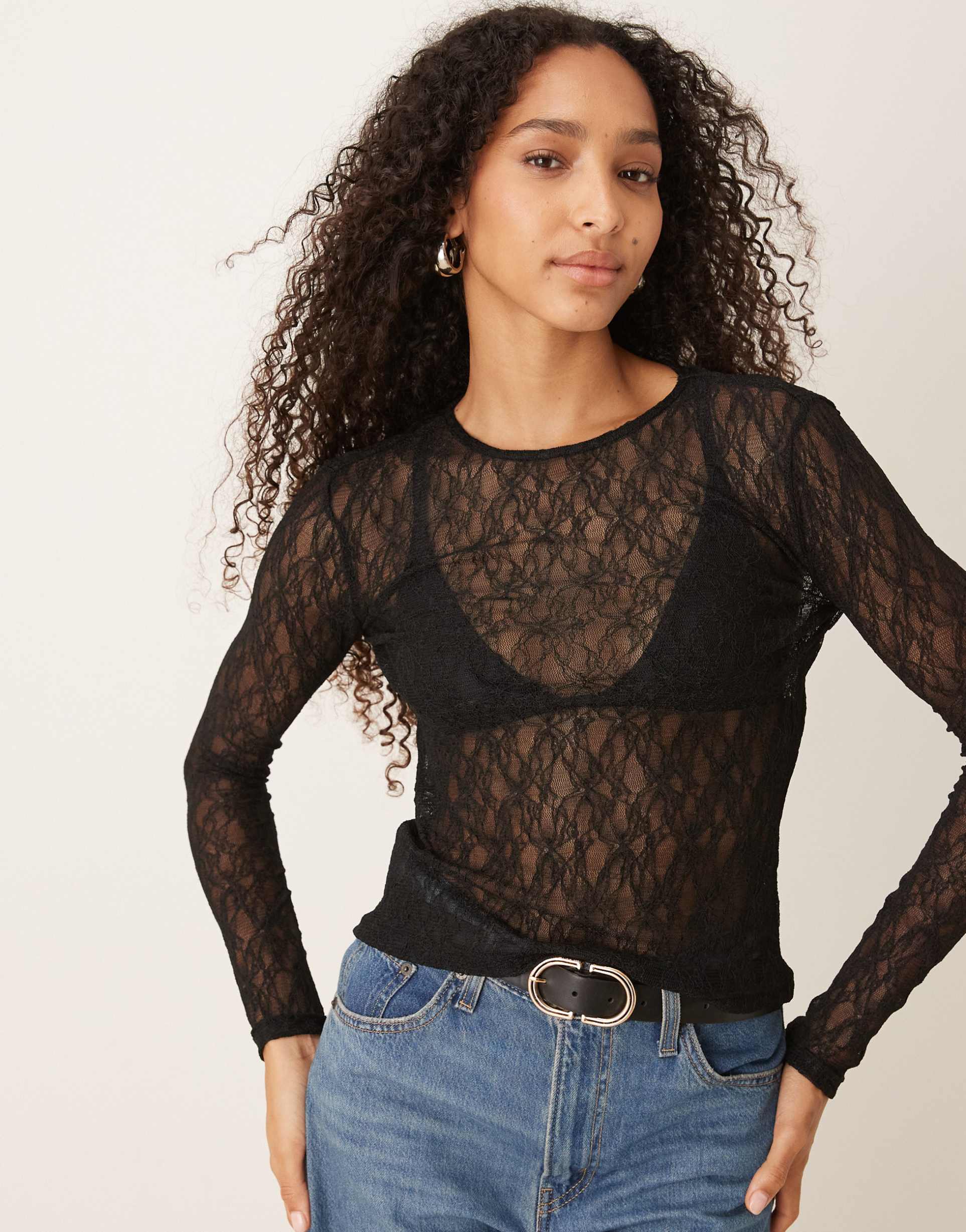 aware sheer stretchy lace long sleeve top in black