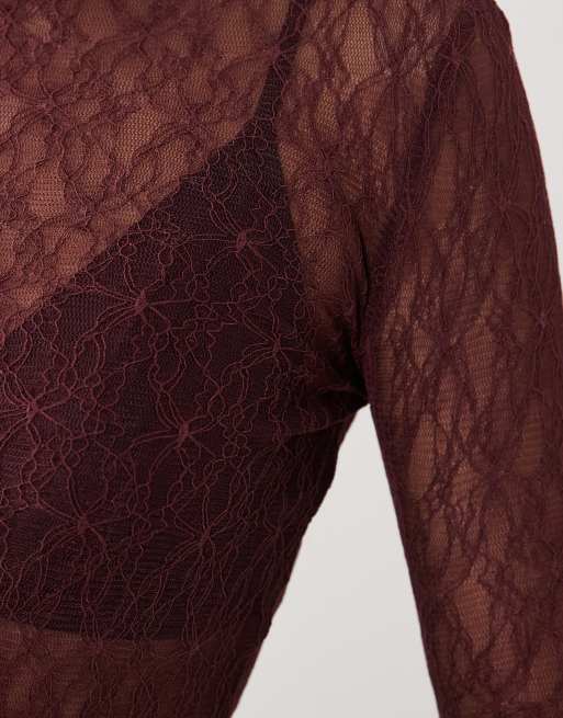 AWARE sheer stretchy lace long sleeve top in burgundy, 4 of 4