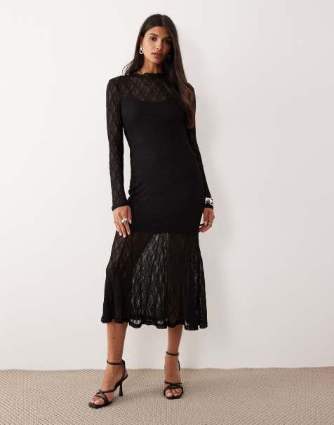 AWARE sheer stretchy lace midi dress in black - view 1