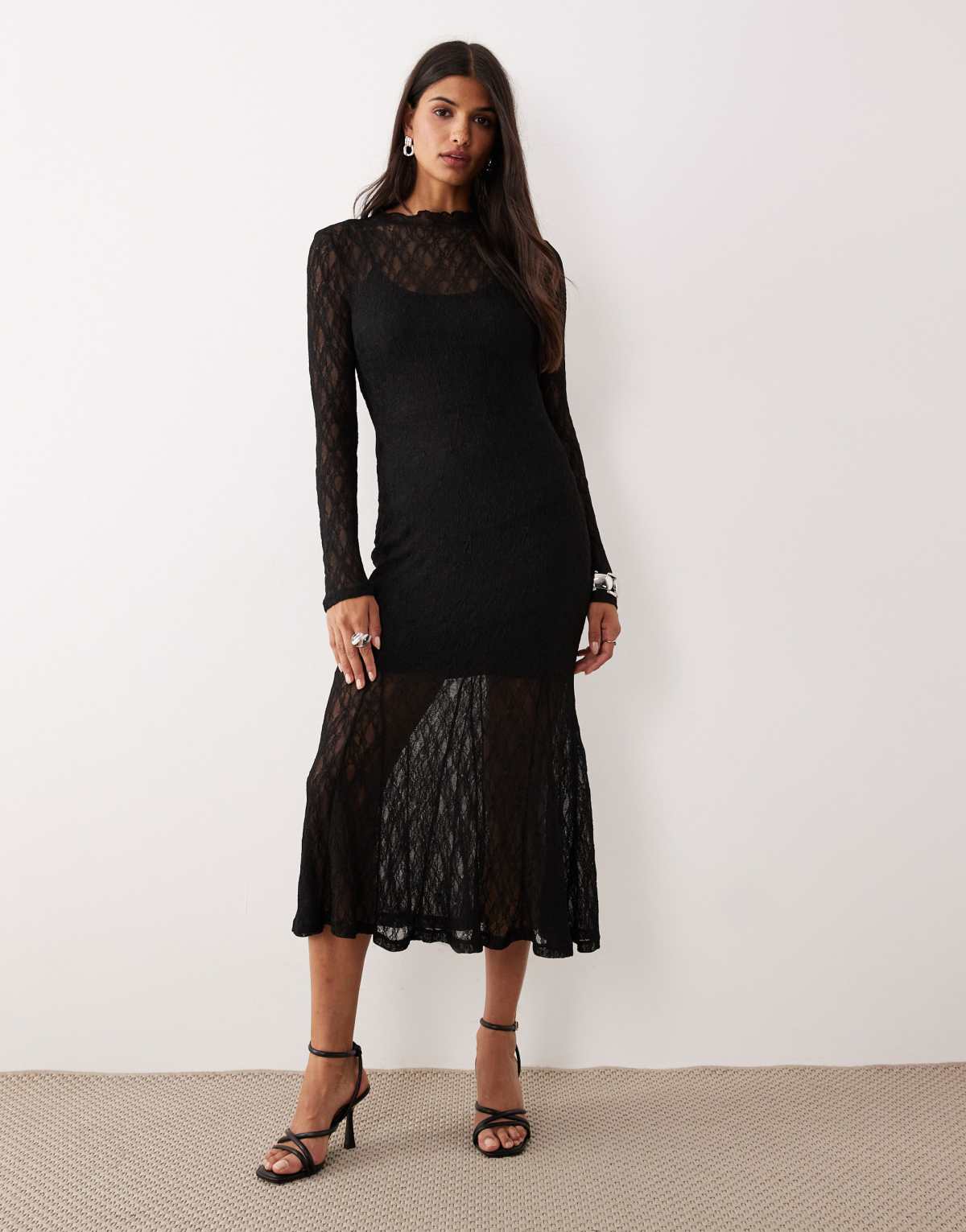 AWARE sheer stretchy lace midi dress in black
