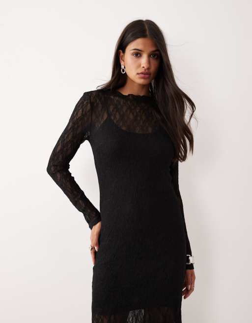 AWARE sheer stretchy lace midi dress in black