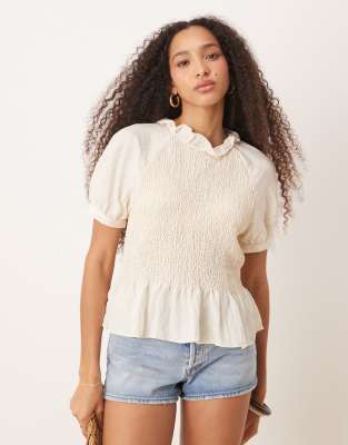 shirred puff sleeve top in cream-White