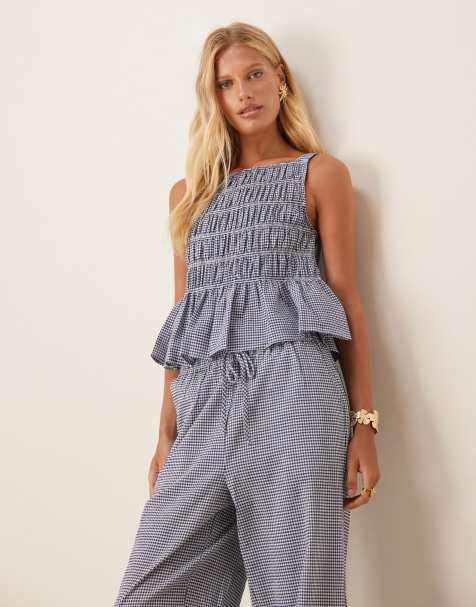 AWARE shirred seersucker peplum top co-ord in blue check