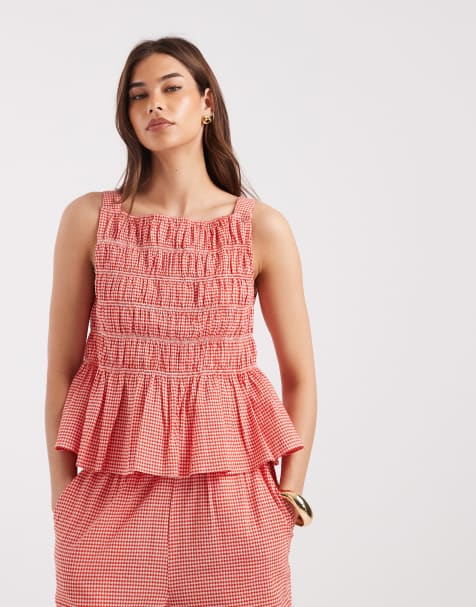 AWARE shirred seersucker peplum top co-ord in red and white check - view 1