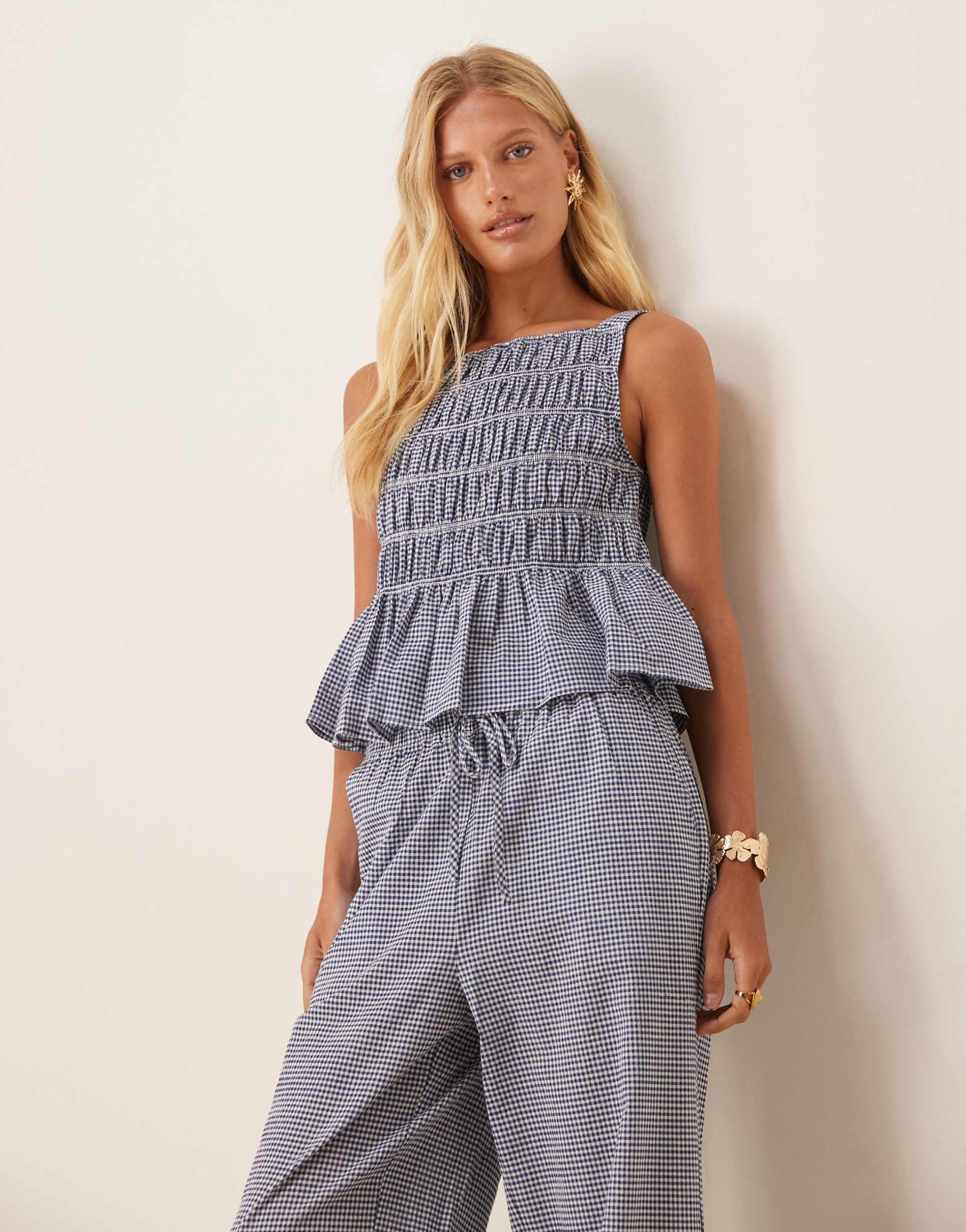 aware shirred seersucker peplum top in blue plaid - part of a set