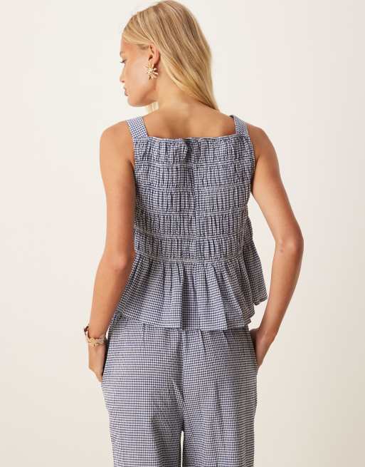 AWARE shirred seersucker peplum top co-ord in blue check