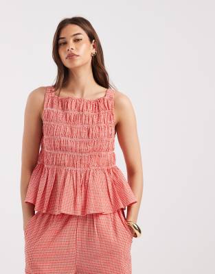 Aware Shirred Seersucker Peplum Top In Pink