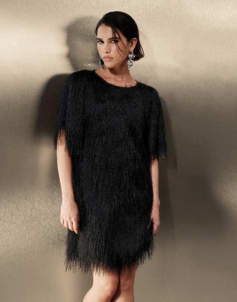 AWARE short sleeve feather detail mini dress in black