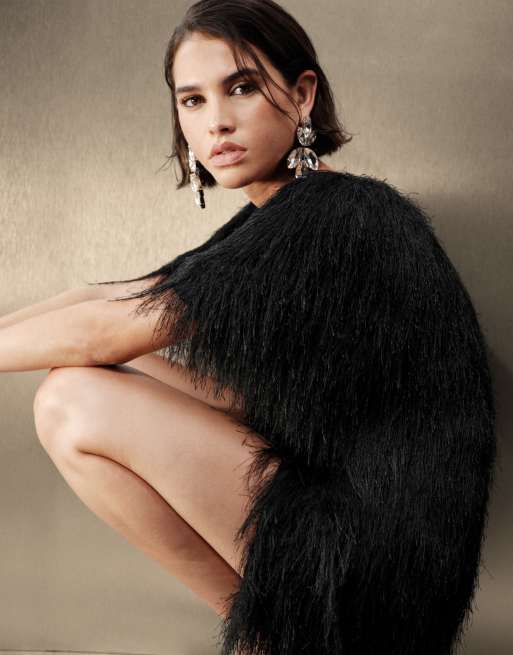 AWARE short sleeve feather detail mini dress in black, 2 of 5