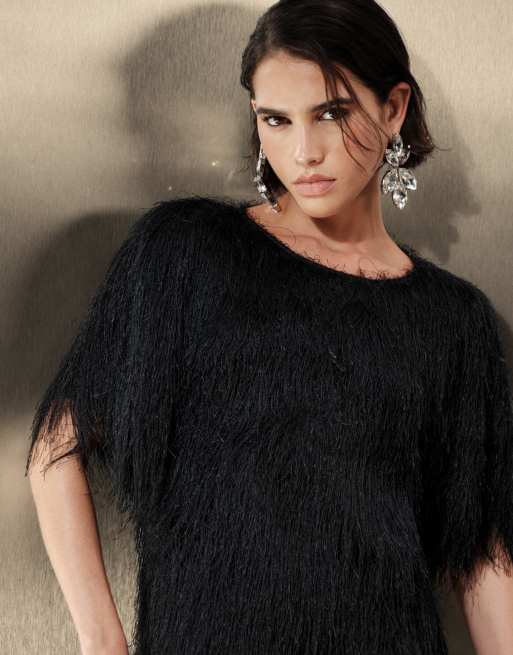 AWARE short sleeve feather detail mini dress in black, 3 of 5