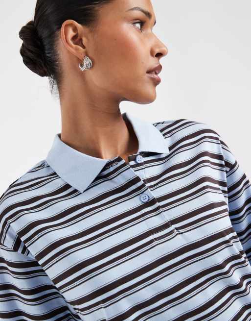 AWARE short sleeve polo top in blue and brown stripe, 3 of 4
