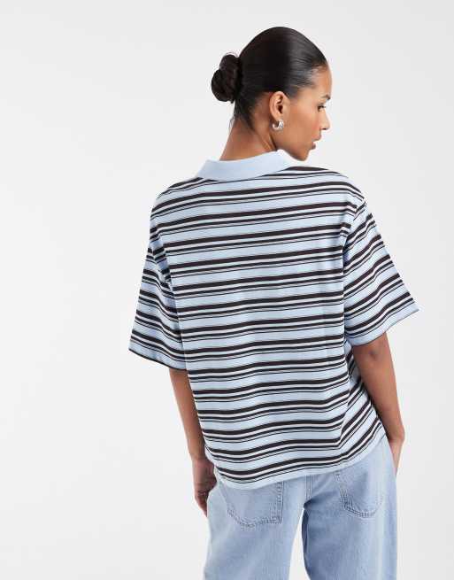AWARE short sleeve polo top in blue and brown stripe, 4 of 4