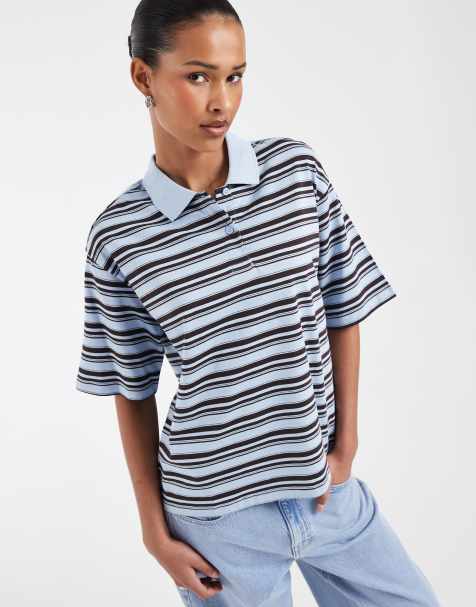 AWARE short sleeve polo top in blue and brown stripes - view 1