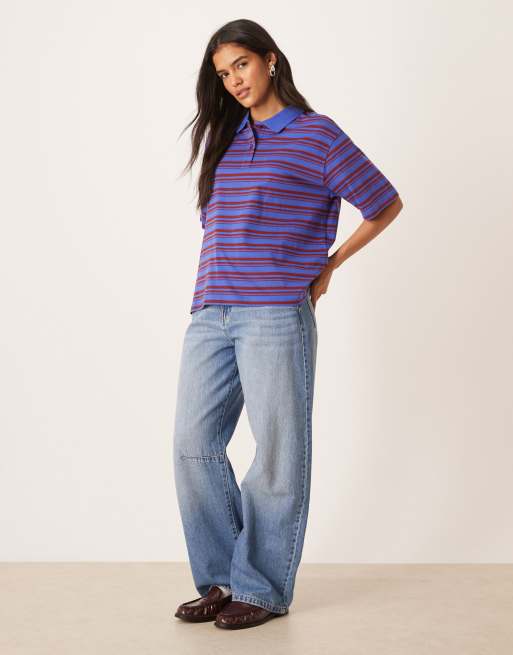 AWARE short sleeve polo top in blue & burgundy stripe, 2 of 4