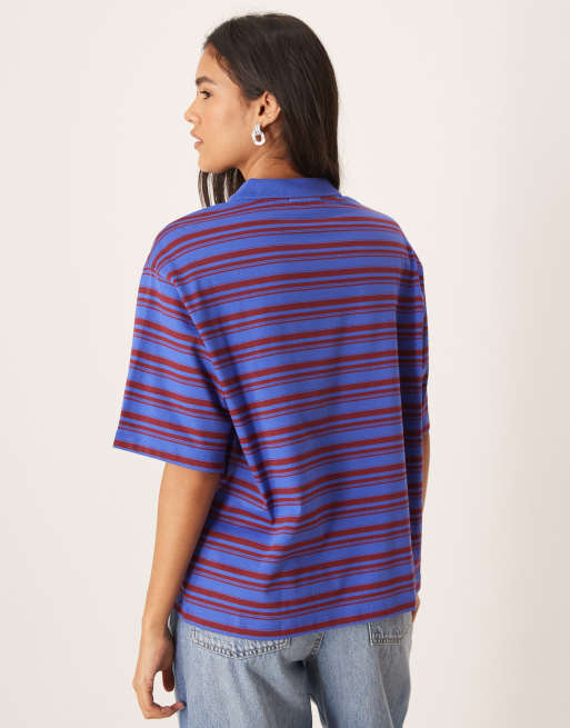 AWARE short sleeve polo top in blue & burgundy stripe, 3 of 4