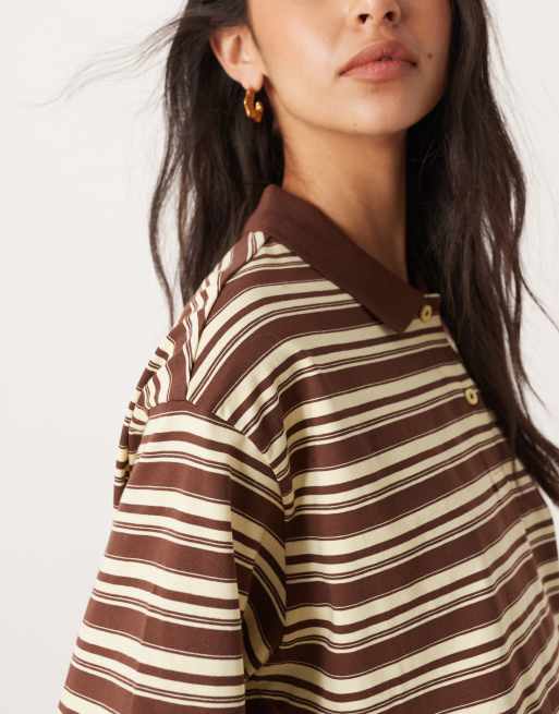 AWARE short sleeve polo top in brown & yellow stripe, 4 of 4