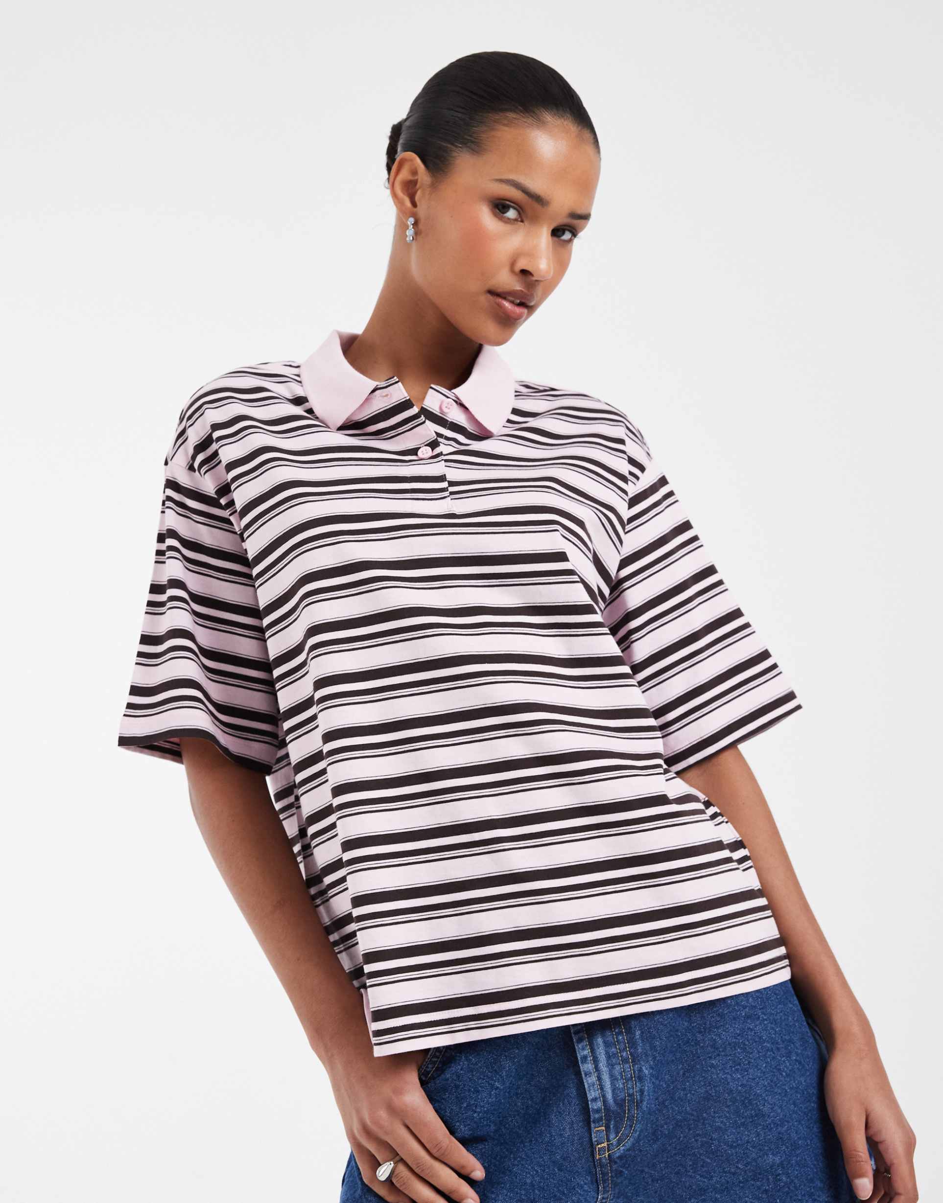 aware short sleeve polo top in pink and brown stripes