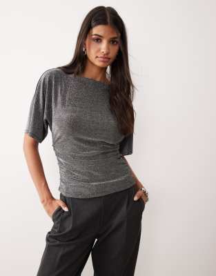 Aware Short Sleeve Ruched Detail Glitter Top In Gray