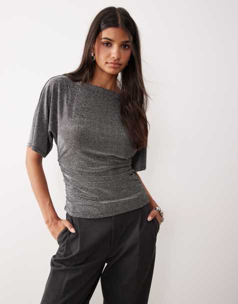 AWARE short sleeve ruched detail glitter top in black and silver - view 1