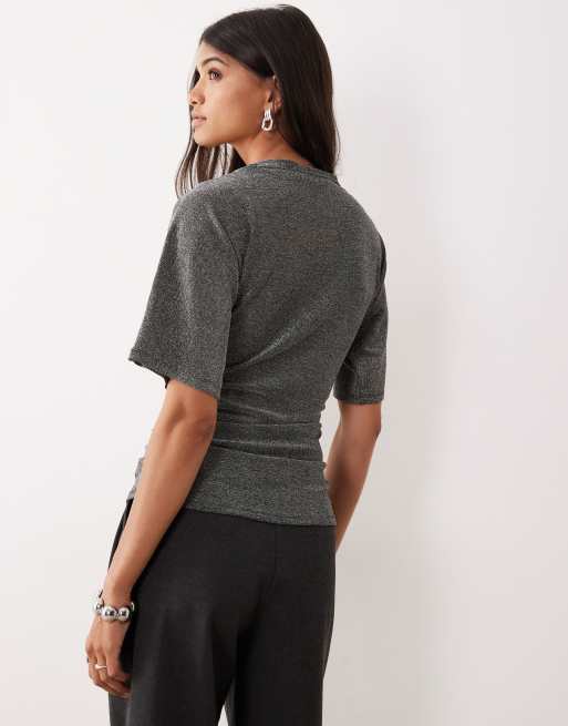 AWARE short sleeve ruched detail glitter top in black and silver, 2 of 4