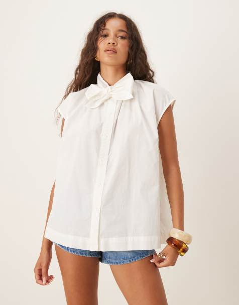 AWARE sleeveless boxy pussybow detail shirt in white - view 1