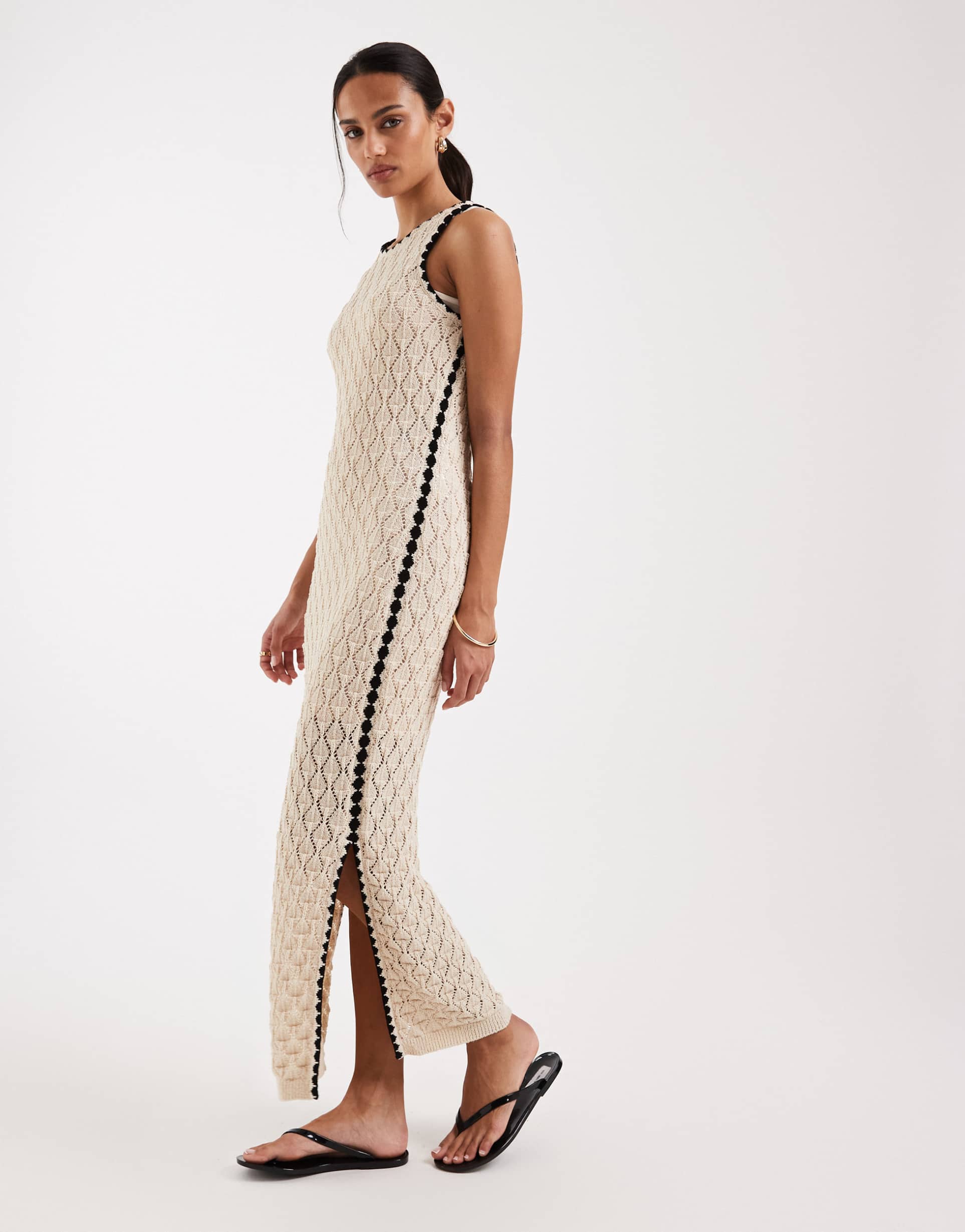aware sleeveless corchet maxi dress in cream with black contrast trim
