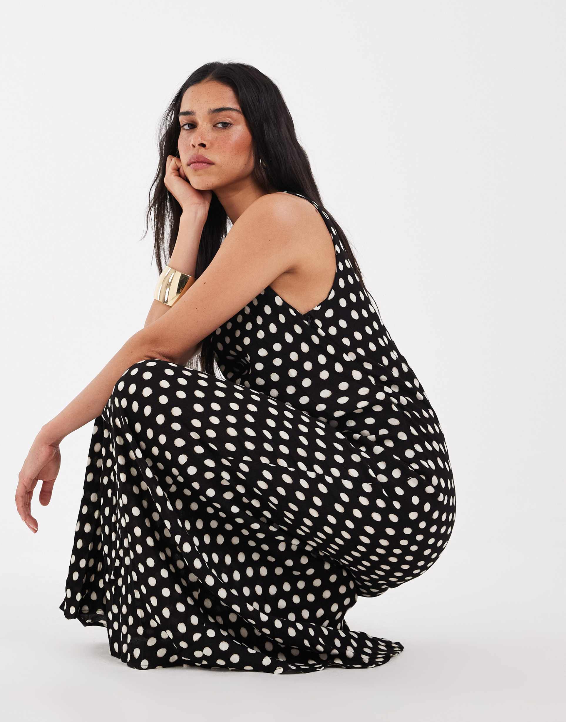 aware sleeveless cowl neck maxi dress in black with spot print