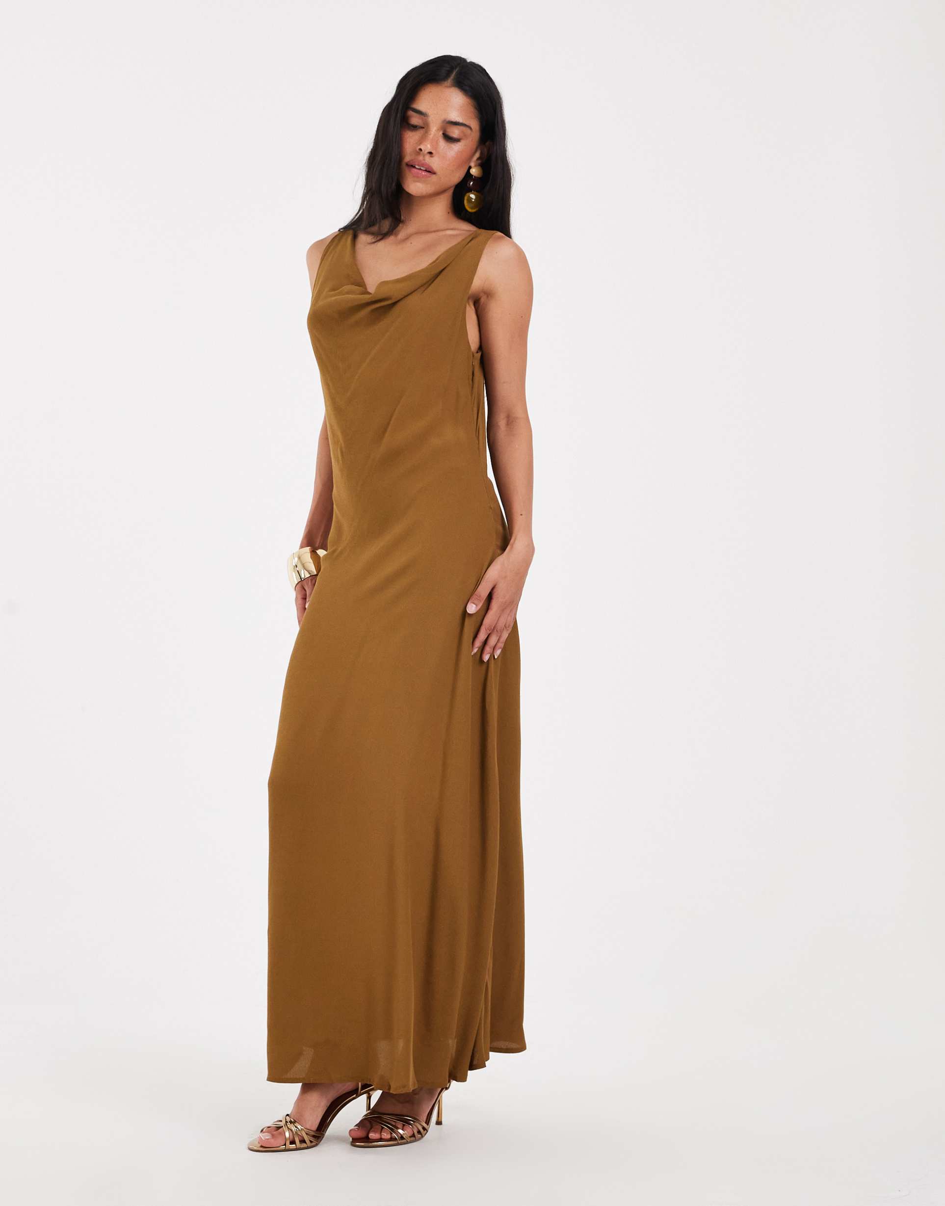 aware sleeveless cowl neck maxi dress in mustard
