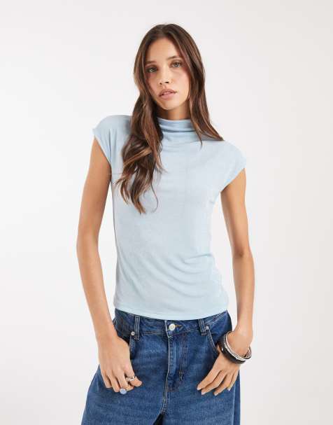 AWARE sleeveless high neck top with glitter detail in light blue - view 1