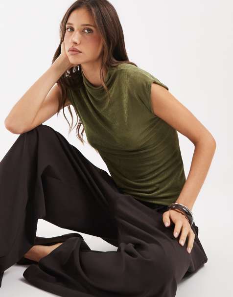 AWARE sleeveless high neck top with glitter detail in olive green - view 1