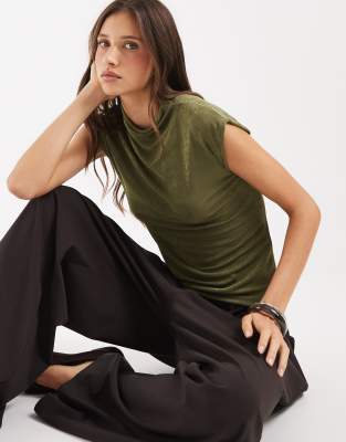 Aware Sleeveless High Neck Top With Glitter Detailing In Green