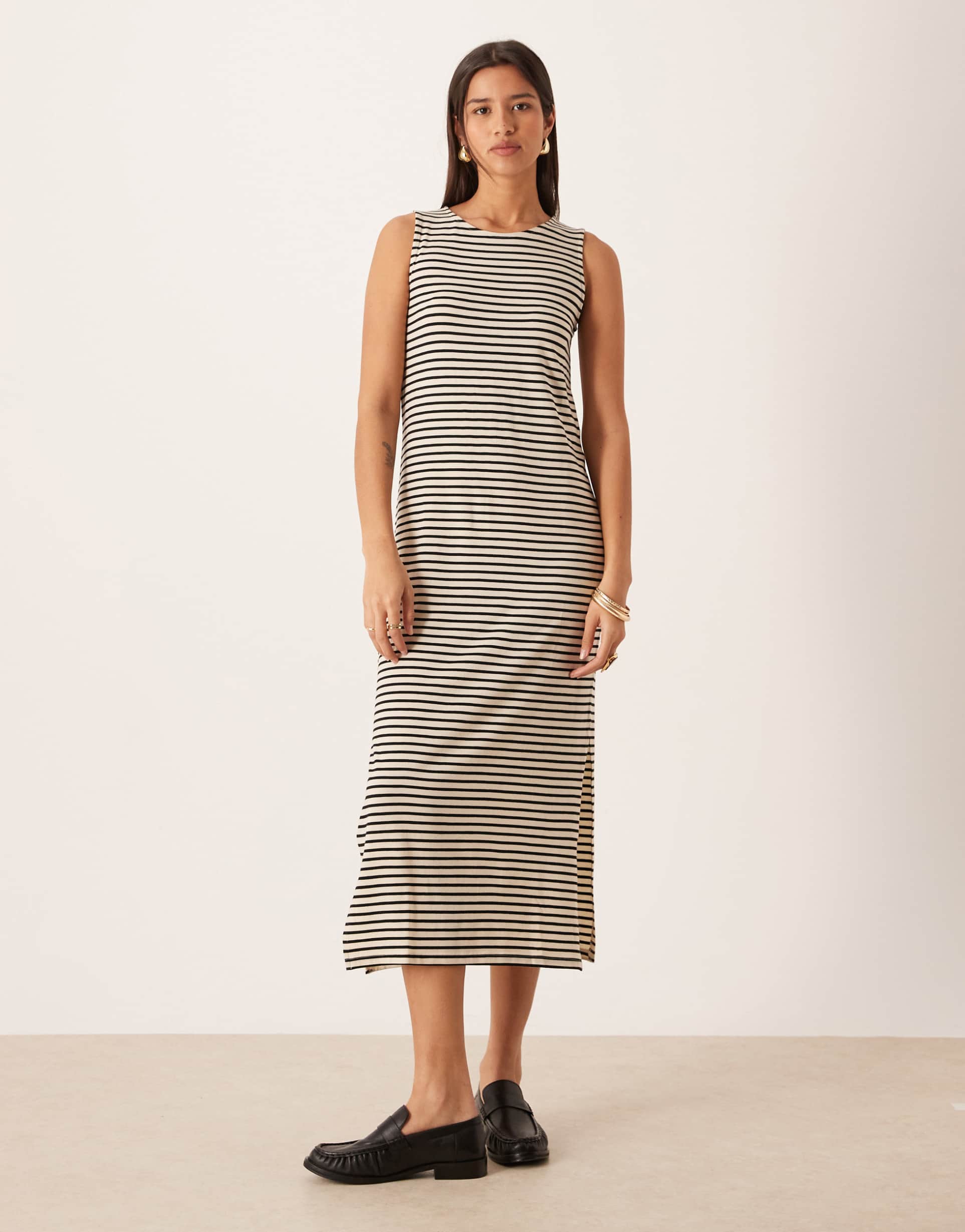 aware sleeveless maxi dress in black and white stripe