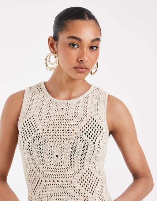 AWARE sleeveless patterned crochet mini dress in beige, 2 of 4