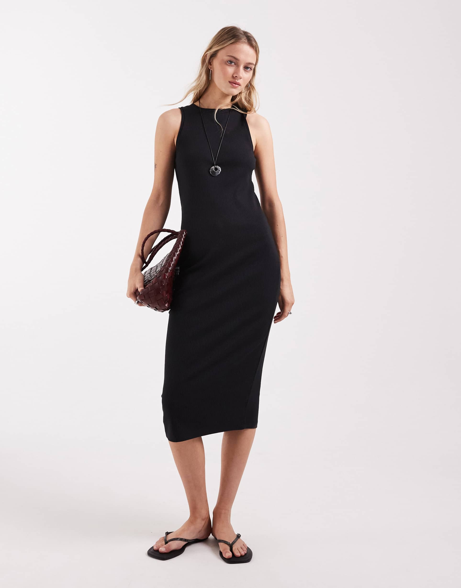 aware sleeveless ribbed jersey midi dress in black