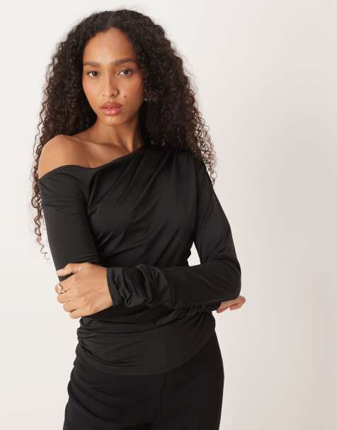 AWARE slinky drapey long sleeve top in black - view 1