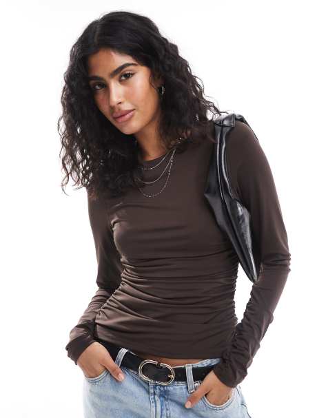 AWARE slinky ruched long sleeved top in chocolate brown - view 1