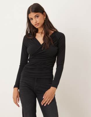 Aware Slinky Wrap Front Drapey Top In Black