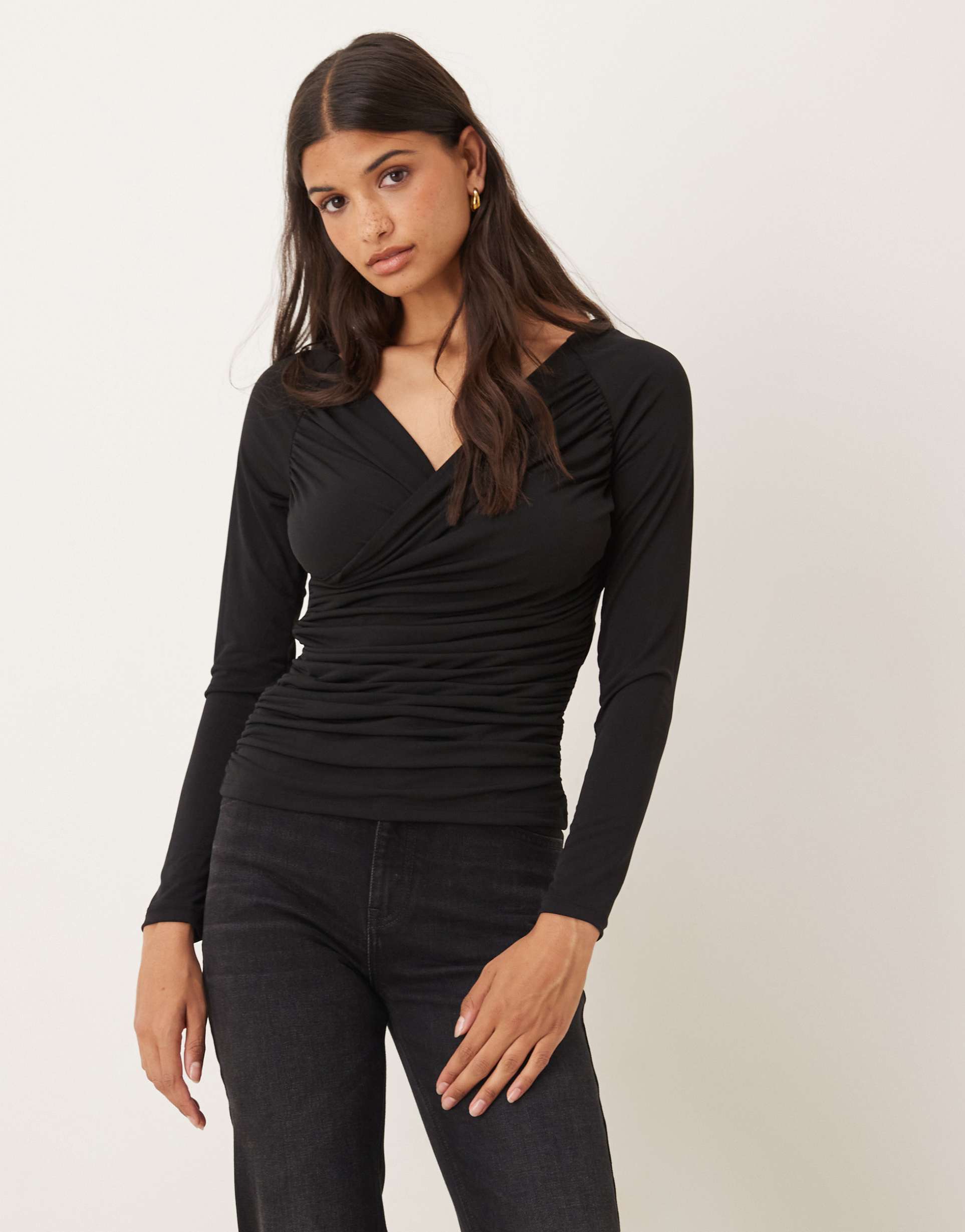 aware slinky wrap front drapey top in black